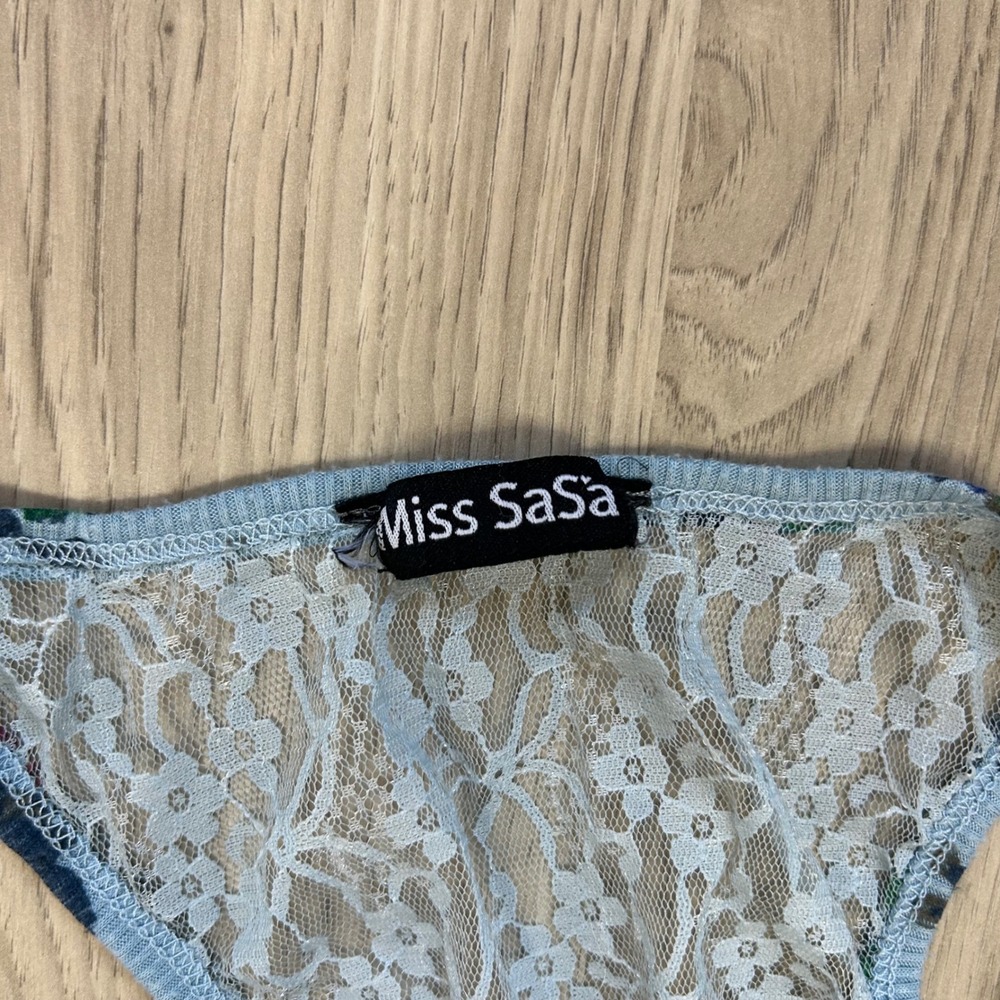 Miss SaSa Blue Floral Lace Trim Tank Top Racerback Henley Coquette Cottagecore L - Picture 4 of 5